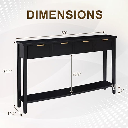 Long Console Table for Entryway with 4 Drawers, 60 Inch Entryway Table w/Open Shelf and Handmade Metal Handle, Narrow Foyer Sofa Table for Living Room, Bedroom, Hallway, Black