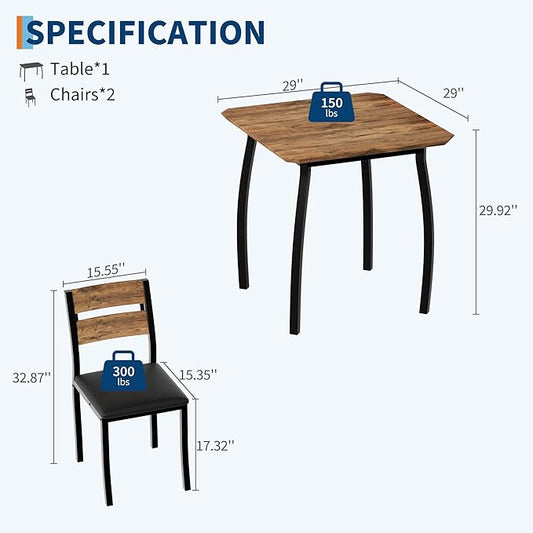 Small Dining Table Set for 2,3-Piece Kitchen Table Set with Thick Wood Grain Tabletop & 2 Upholstered Chairs & Metal Frame, Compact Table Set for Small Spaces, Kitchens & Dining Rooms (Brown)