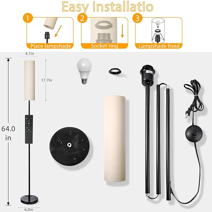 Floor Lamp for Living Room, Lamp with 3 Color Lampshades, Remote Standing Lamp for Bedroom, Office, Room décor(Bulb Included) (White)