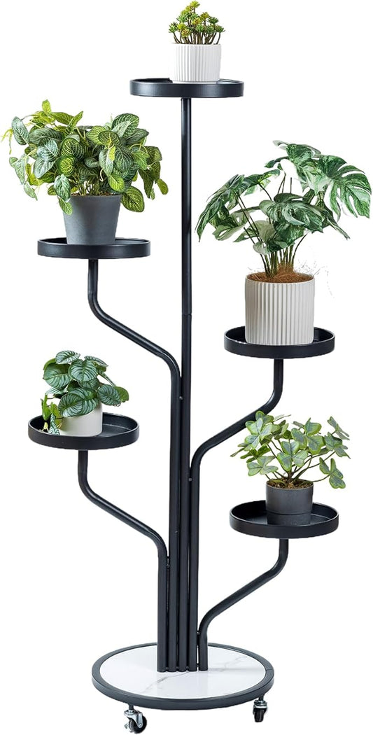CHPHI 5 Tier Indoor Plant Stand Wrought Iron, Tall Metal Plant Stand with Wheels, Metal Rolling Plant Shelf with 5 Trays, Multi-tier Rolling Display Stand for Home and Office(Black)