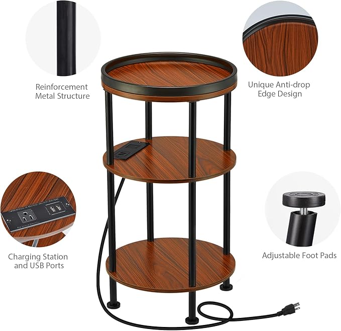 Small Round Side Table with Charging Station for Small Spaces, 3-Tier Accent Table with USB Ports & Power Outlets, Sofa Corner Tea Table for Living Room Nightstand Bedroom Apartment (USB, Cherry)
