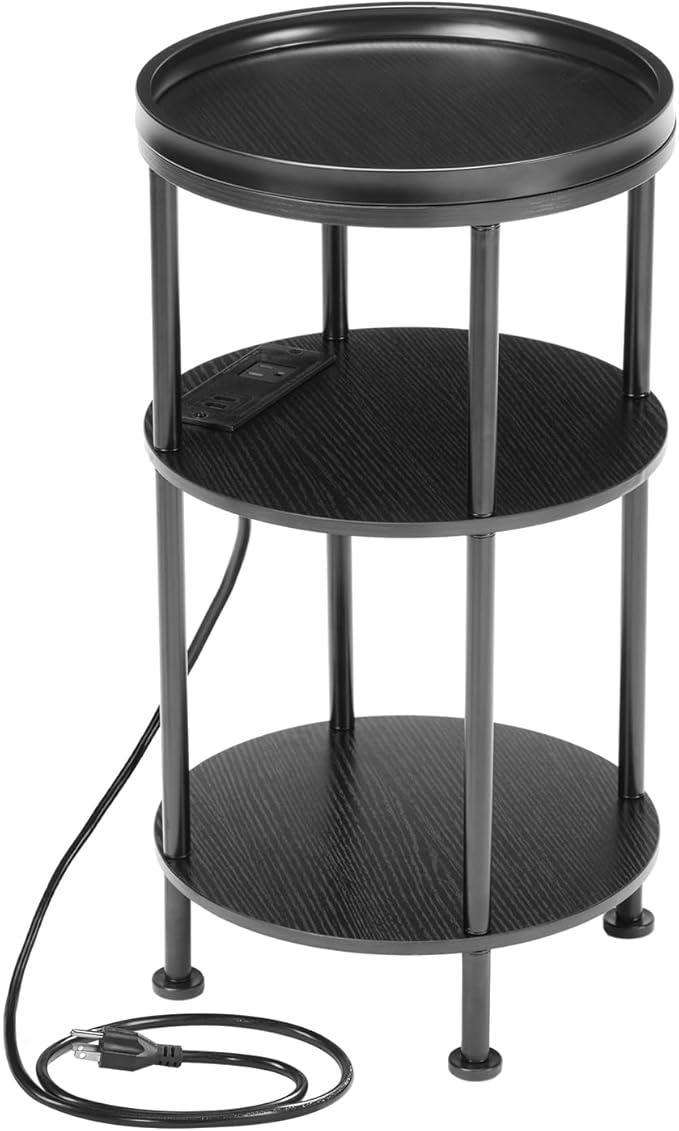 Small Round Side Table with Charging Station for Small Spaces, 3-Tier Accent Table with USB Ports & Power Outlets, Sofa Corner Tea Table for Living Room Nightstand Bedroom Apartment (Black)