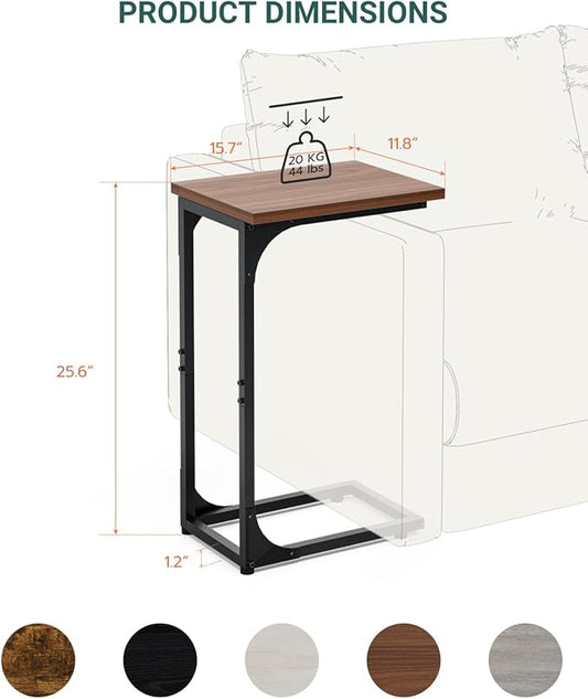 C-Shaped Side Table for Couch - Small Coffee Stand Sofa Tray Desk with Metal Frame and Waterproof Scratch Resistant, Modern End Accent for Living Room, Bedroom, Small Spaces, Rustic Walnut