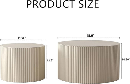 KEVINSPACE Nesting Coffee Table Set of 2 Circle CoffeeTable Modern NestingTables for Living Room Round Fluted Wooden CoffeeTabl No Need Assembly for Bedroom Balcony Lounge 33.86" Beige