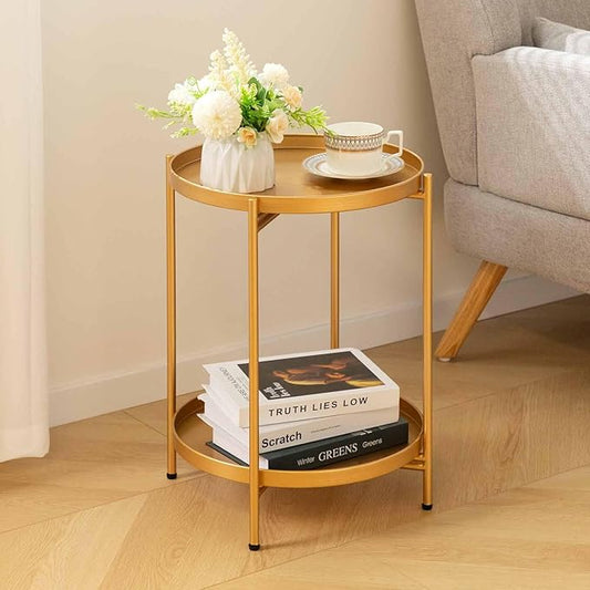 HollyHOME 2-Tier Round Gold Side Table, Outdoor Small Folding Accent Stand with Removable Tray, Anti-Rust Metal Asional Table for Balcony Patio Living Room, Nightstand for Bedroom(Gold)