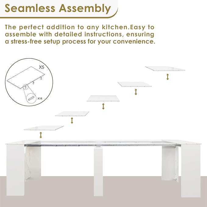 DMAITH 20"-118" White Marble Extendable Dining Table for 2-12 People, Modern Modular Extension Table, Space-Saving Extra Long Folding Dining Table, Multifunctional Conference Meeting Table