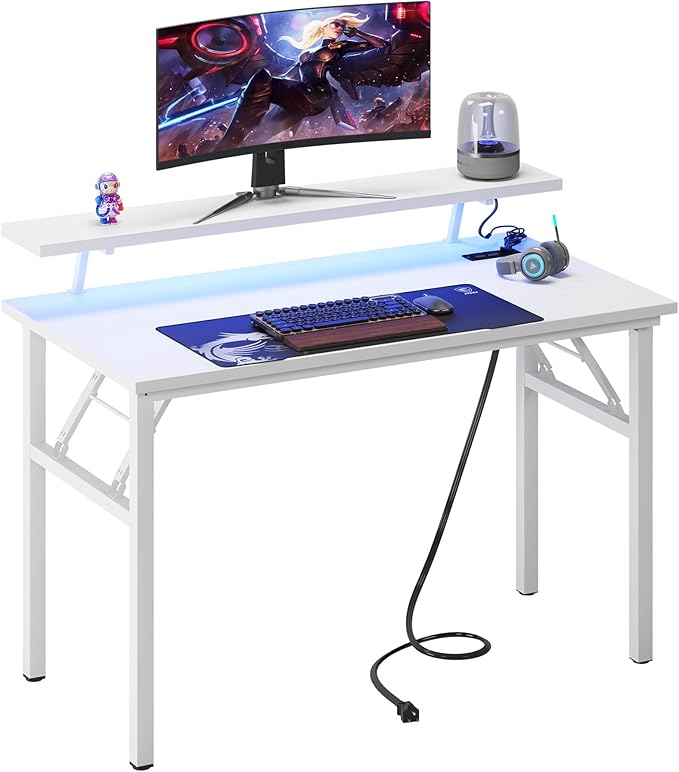 DlandHome Computer Desk 39’’ with LED Lights & Power Outlets,Folding Desk with Monitor Stand, Writing Desk Home Office Desk, Fully Assembled,White