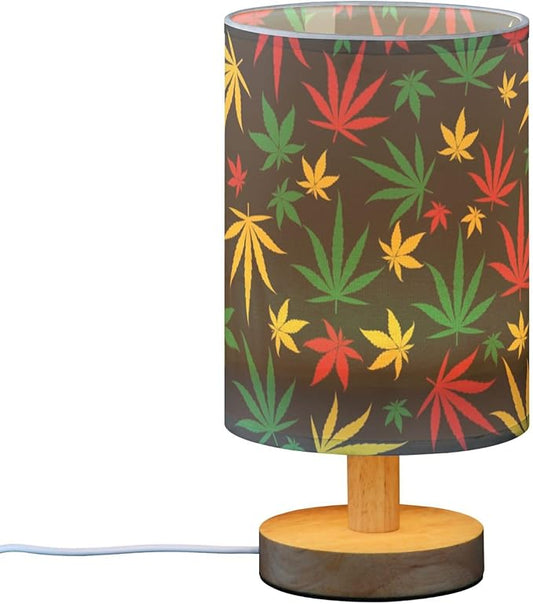 Table Lamp Multicolor Marijuana Cannabis Hemp Leaf Red Yellow Green Color Nightstand Lamp with Wood Base Fabric Lamp Shade Bedside Desk Lamp for Living Room Bedroom Kids Room Office