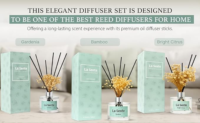 Reed Diffuser Set, Glass Bottle with Black Rattan Sticks, Dried Green Flowers, 6.7fl oz, 200ml (White Jasmine)