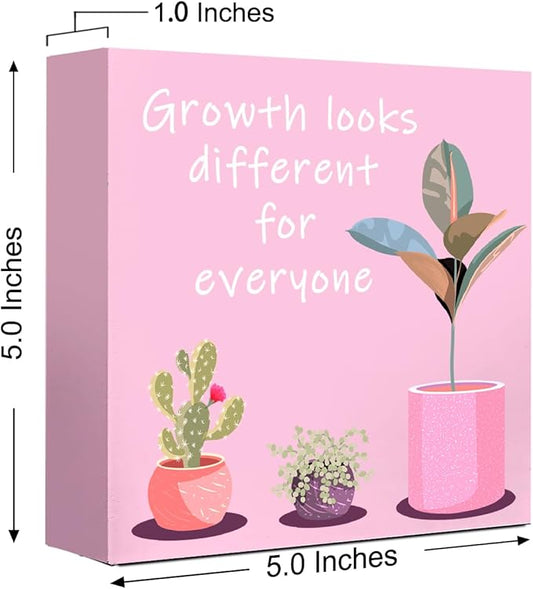 LVQHI Pink Decor For Desk, Growth Looks Different For Everyone Plant Inspirational Motivational Wooden Block Sign For Home Bedroom Office Desk Table Decor, Cheer Up Gift For Coworker Friend