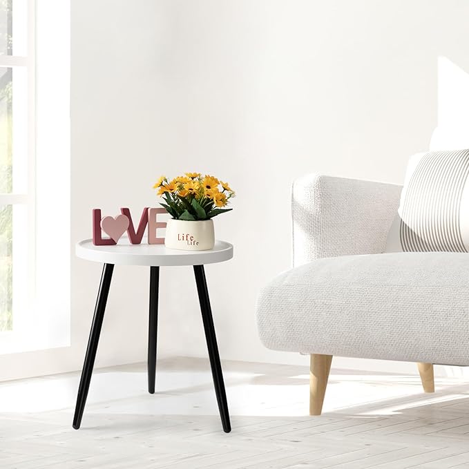 danpinera Round Side Table, Metal Legged Accent Table with Wooden Tray, Small Round End Table for Living Room, Bedroom, Nursery, White & Black
