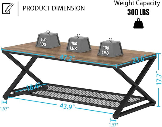 LVB Wood Coffee Table, Metal Wooden 2 Tier Center Tables with Storage, Industrial Cocktail Table with Shelf for Living Room, Farmhouse Rectangle Middle Table for Office Bedroom, 47 inch, Rustic Oak
