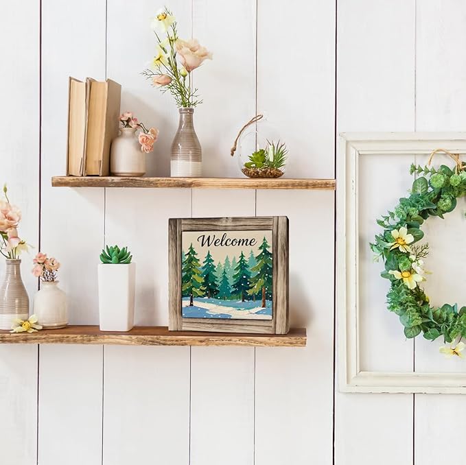 Christmas Trees Wood Sign, Welcome Wooden Box Sign, Front Door Decors for Shelves, Entryway Decor for Home, Modern Farmhouse Home Office Decor, Decorative Wooden Box Plaque