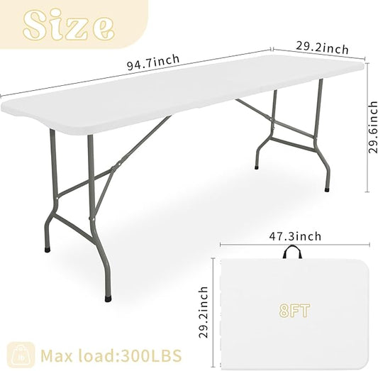 HAISIWLKJ Folding Table 8 FT Camping Table Portable Heavy Duty Plastic Rectangular Outdoor Dining Table Steel Legs Fold-in-Half with Carrying Handle for Indoor,Picnic,Party,Wedding,Events(White)