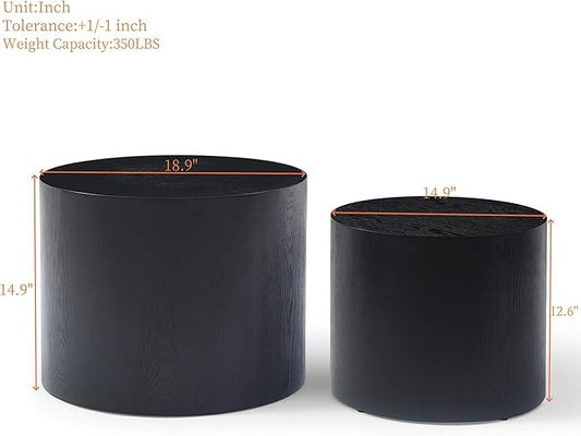 Nesting Coffee Table Set of 2, Modern Round Wooden Circle Accent Coffee Tables for Small Spaces Living Room Bedroom Balcony Office Drum Side Table