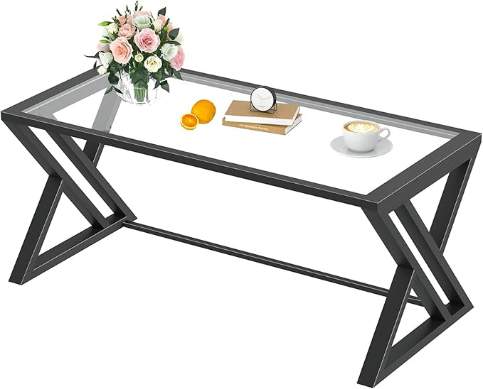 Coffee Table Black Glass Coffee Table for Living Room,Modern Rectangular Center Table with Sturdy Metal Frame,Tempered Glass Table Tea Tables for Bedroom Home Office