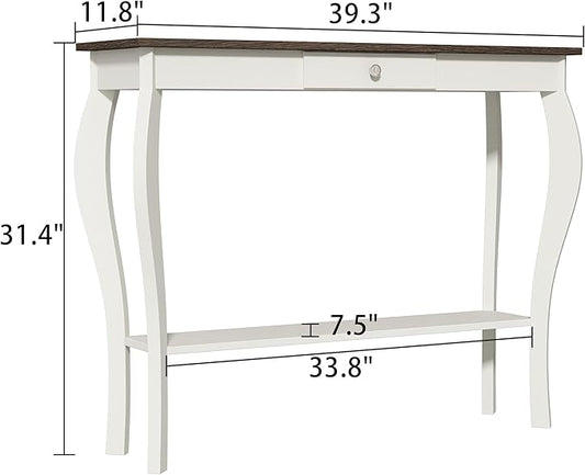 ChooChoo Narrow Farmhouse Console Table with Drawer, Chic Accent Sofa Entryway Table with Shelves for Entryway, Living Room, Hallway, Soft White