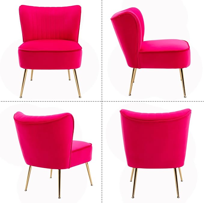 Velvet Accent Chair Set of 2 Comfy Living Room Chair Armless Slipper Chair Mid Century Side Single Sofa Chair with Golden Legs Wingback for Bedroom Guest Room, Hot Pink