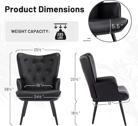 Furniliving PU Leather Accent Chair for Living Room, Upholstered Reading Chair with High Backrest, Tufted-Button Wingback Armchair for Bedroom, Dressing Room, Home Office, Set of 2, Black
