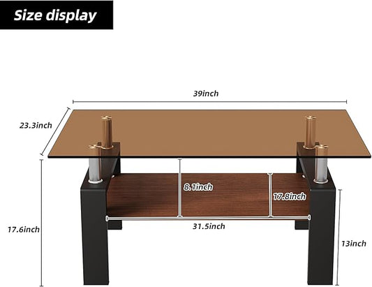 Modern Coffee Table with Tempered Glass Top, MDF Shelf and Metal Legs, Two-Tier Living Room Table, Sturdy Coffee Table for Small Spaces, Lounge, or Office (Brown+Black)
