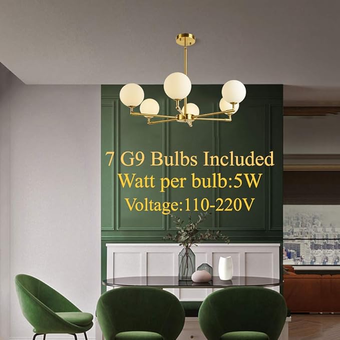 6-Lights Globe Mid Century Chandelier Modern Sputnik Pendant Light Fixture with G9 Bulb Brushed Brass Finished with White Globe Glass Lampshade Dining Kitchen Island Bedroom Lighting (Gold)