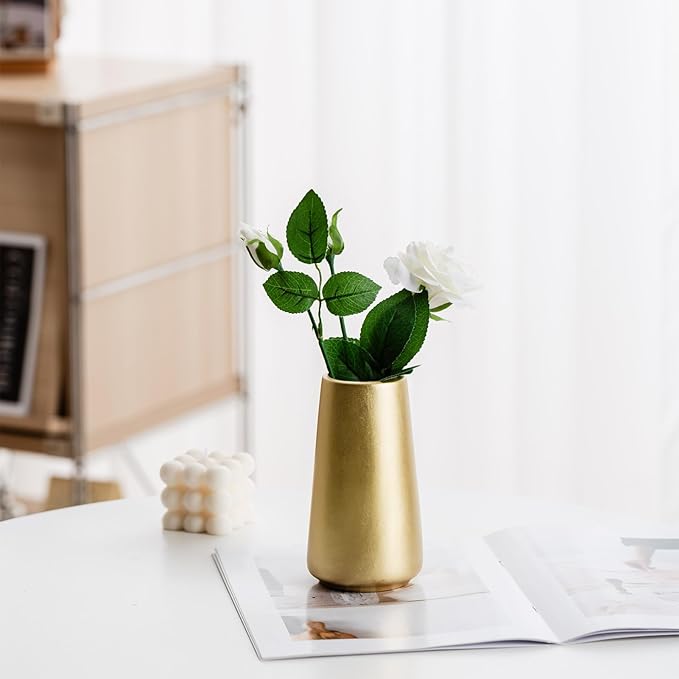 Light Gold Vase - 6" Gold Ceramic Flower vase for Home/Table/Accent Decor, Minimalist Modern Vases Ceramic for Centerpieces, Room Decor, Living Room, Bedroom or Gift