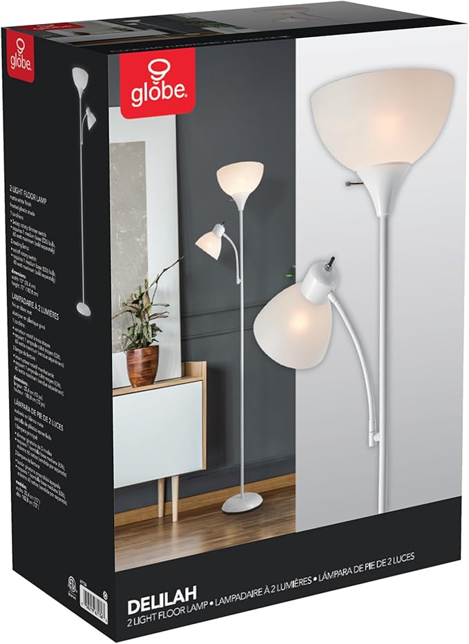 GLOBE Electric 67136 72" Torchiere Floor Lamp with Adjustable Reading Light, Matte White Finish, Frosted Shades, Rotary Switch on Socket, E26 Base (Pack of 2)