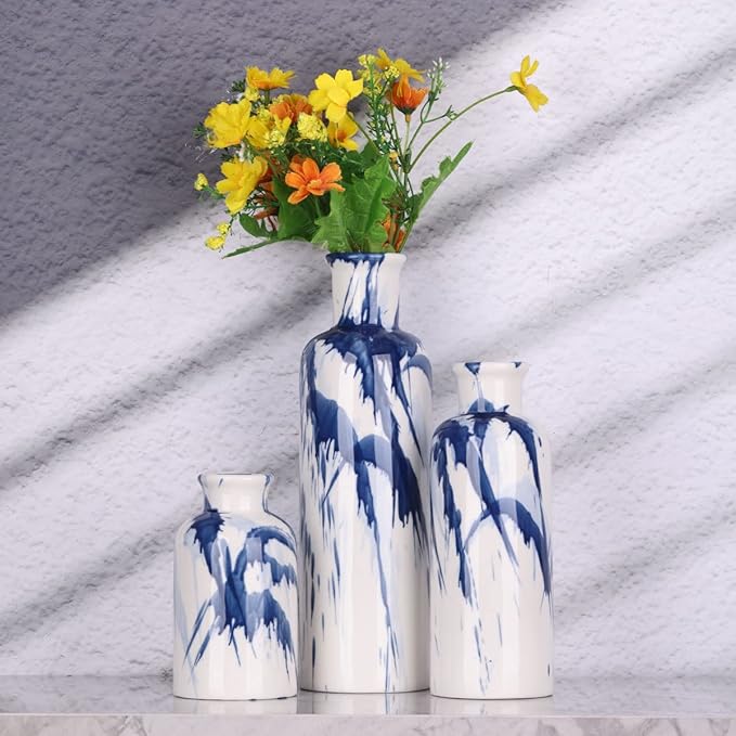 Blue Ceramic Vase Set - 3 Decorative Navy Blue and White Vase for Centerpieces, Farmhouse and Home Decor - Ideal for Living Room, Kitchen, Bedroom, Dining Table and Office Decor