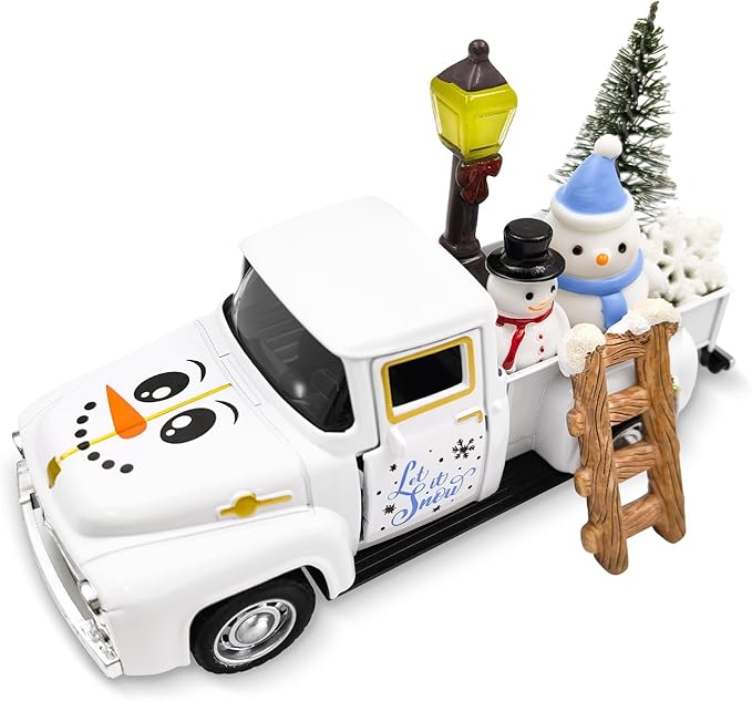 Let It Snow Winter Snowflake Decorations Farmhouse Metal Truck with Mini Snowman Xmas Tree Figurines Christmas Table Decorations Indoor Holiday Winter Tiered Tray Decor for Home Kitchen Party Favor