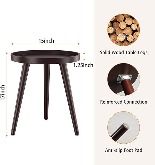 Apicizon Round Side Table, Brown Tray Nightstand Coffee End Table for Living Room, Bedroom, Small Spaces, Easy Assembly Bedside Table, 15 x 18 Inches