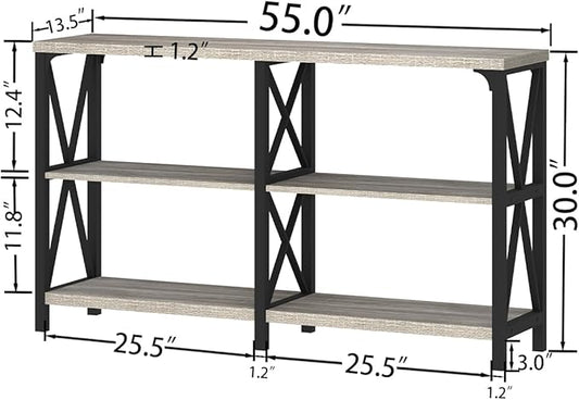 IBF Sofa Table, Modern Metal Wood 3 Tier Entryway Table, Industrial Console Table with Storage Shelves, Foyer Hallway Couch Table Behind Sofa for Living Room, Long Horizontal Bookshelf, Grey Oak, 55in