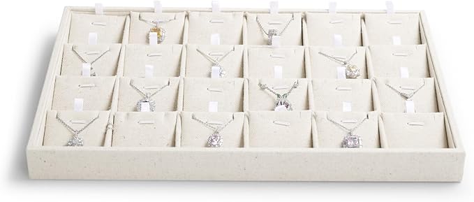 24 Grids Linen Necklace Tray Jewelry Display Tray Necklace Holder Organizer for Drawers With Removable Jewelery Cards Pendant Bracelet Storage (Beige)