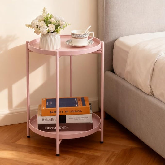 HollyHOME 2-Tier Round Side Table, Outdoor Small Folding Accent Stand with Removable Tray, Anti-Rust Metal Asional Table for Balcony Patio Living Room, Nightstand for Bedroom(Pink)