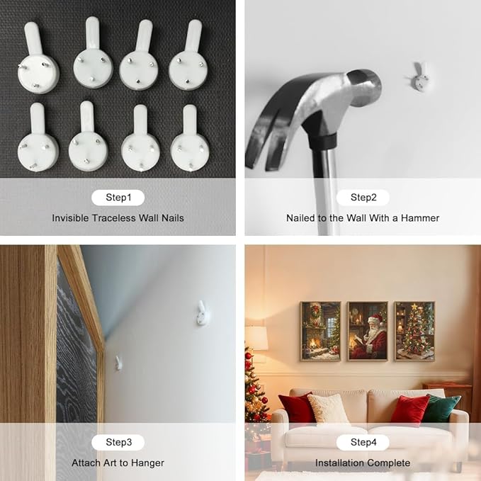 BICERE Large Vintage Christmas Framed Canvas Wall Art Set,Santa Reading Book Wall Decor,Retro Xmas Tree Art Prints,Snowy Winter Fireplace Artwork for Living Room,Bedroom,Farmhouse -24"x36"x3