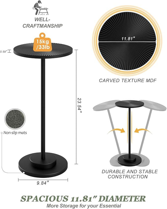 Round Side Table, Small Drink Table for Small Spaces, Modern Accent End Table with Metal Leg for Living Room, Bedroom, Corners, and Office (Black)
