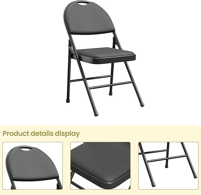 IDEALHOUSE 4 Pack Folding Chairs with PU Leather Padded Cushion, 350lbs Capacity, Lightweight Ergonomic Design, Metal Frame, Indoor Outdoor Portable Stackable Seats for Home Office Party Events,Black