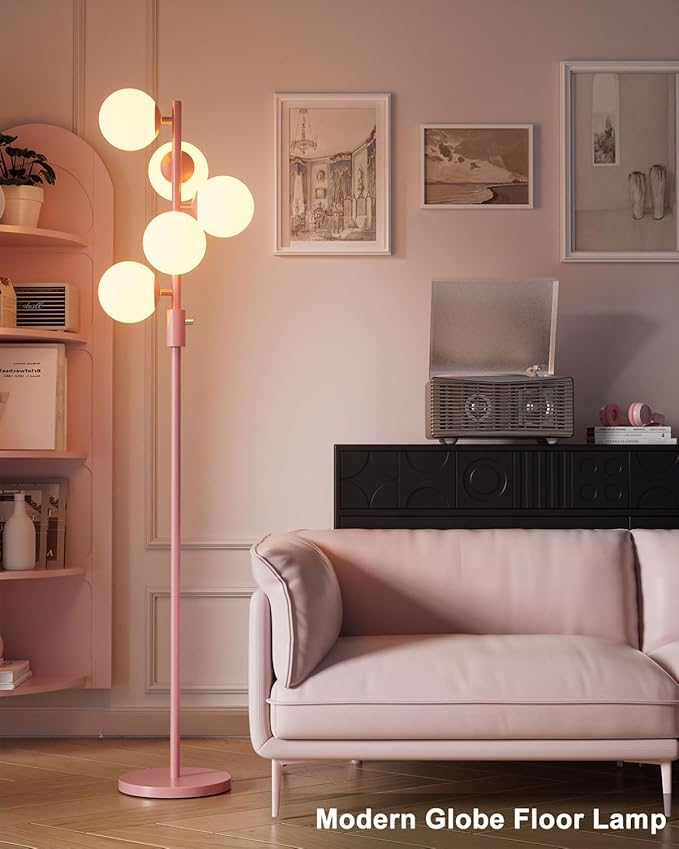 Lightdot Pink Floor Lamp Dimmable (Brightness Adjustable) Globe Retro Standing Lamps with 5PCS 3000K G9 Bulbs, Mid Century Modern Floor Lamp for Living Room Bedroom Home Office