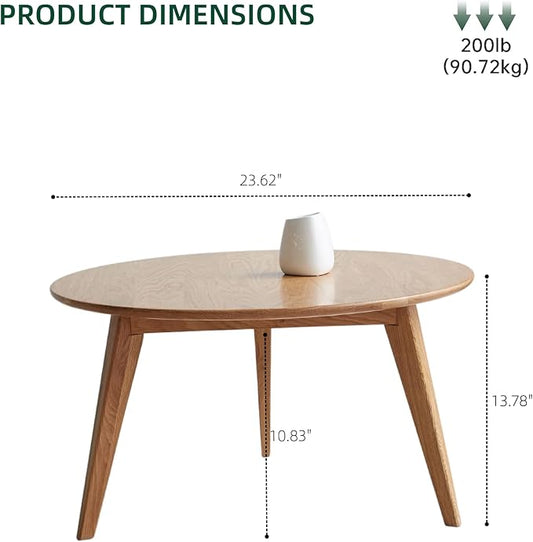 100% Solid Oak Wood Mini Coffee Table, Round Living Room Table Side Table w/Solid Wood Legs, Walnut Mid Century Sturdy Tables for Bedroom Balcony Living Room (23.62" D x 13.78" H)