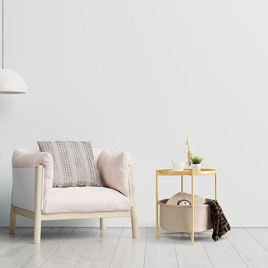 danpinera Round Side Table with Fabric Storage Basket, Metal Side Table Small Bedside Nightstand with Removable Tray Top for Living Room, Bedroom, Nursery, Laundry, Pale Yellow