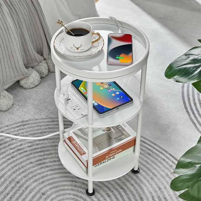 Small Round End Table with Charging Station, 3-Tier Accent Couch Beside Table with USB Ports & Power Outlets, Sofa Side Table for Living Room Small Nightstand Bedroom (USB Charger, White)