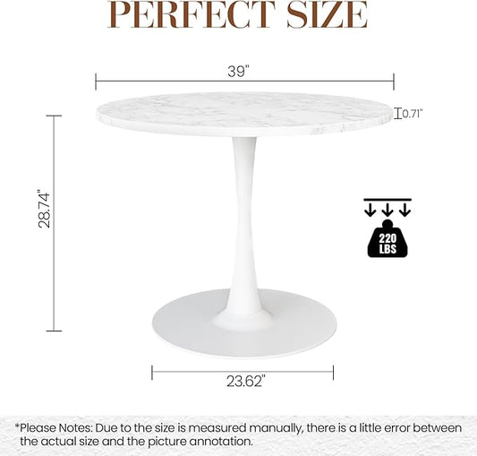 DKLGG White Marble Round Dining Table, 39.1" Tulip Kitchen Dining Table for 4-5 People with MDF Table Top & Pedestal Base, Mid-Century End Living Room Table