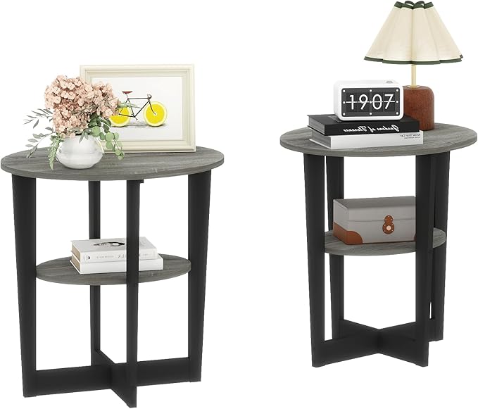 Small End Table Set of 2, Round Side Tables with 2-Tier Open Storage, Coffee Table for Living Room, Apartment, Home Office, Small Spaces, Grey