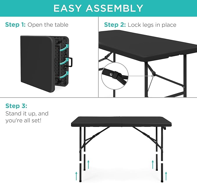 Best Choice Products 4ft Plastic Folding Table, Indoor Outdoor Heavy Duty Portable w/Handle, Lock for Picnic, Party, Camping - Black