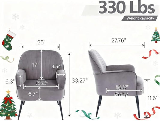 Velvet Accent Chair, Modern Upholstered Living Room Chairs, Luxury Single Sofa Armchair, Comfy Barrel Chairs for Bedroom, Waiting Room, Office and Cafe, Grey