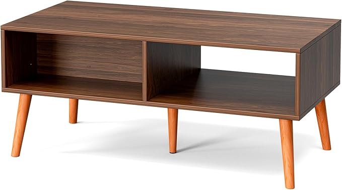 Coffee Table with Storage, Boho Dining Table with Rattan Drawer and Solid Wood Legs, Small Coffee Tables for Living Room, Walnut