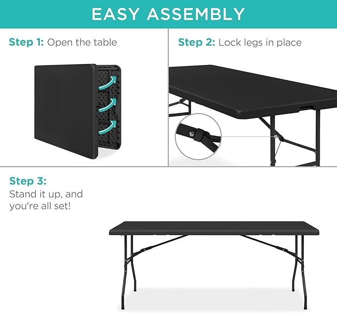 Best Choice Products 6ft Plastic Folding Table, Indoor Outdoor Heavy Duty Portable w/Handle, Lock for Picnic, Party, Camping - Black