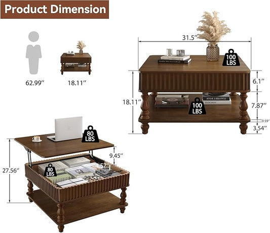 31.5" Lift Top Fluted Coffee Table with Hidden & Open Storage, Modern Square Wooden Center Table Cocktail Tea Table with Curved Safety Corners and Adjustable Height for Living Room, Walnut