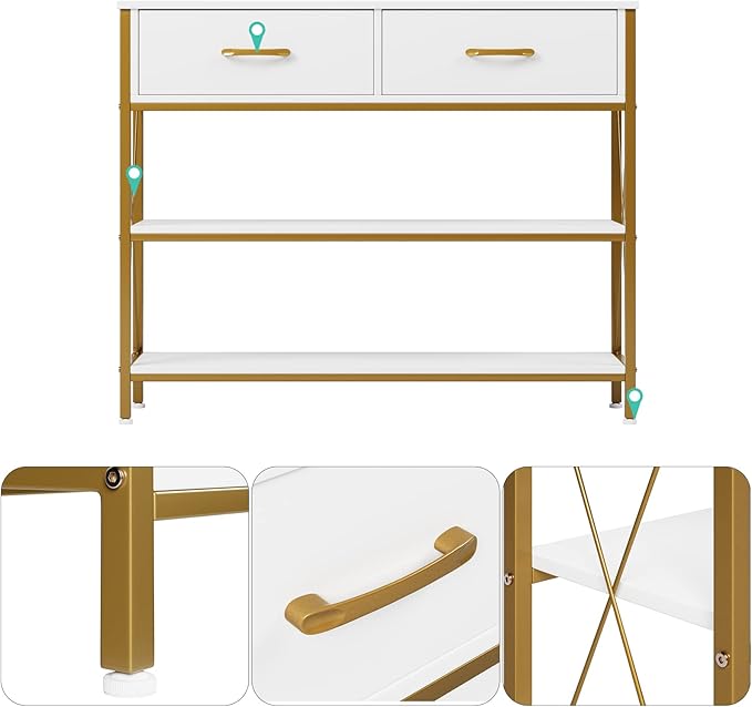 HITHOS Industrial Console Table with Drawers, Vintage Hallway Foyer Table with Storage Shelves, Narrow Long Sofa Entryway Table for Living Room, White/Gold