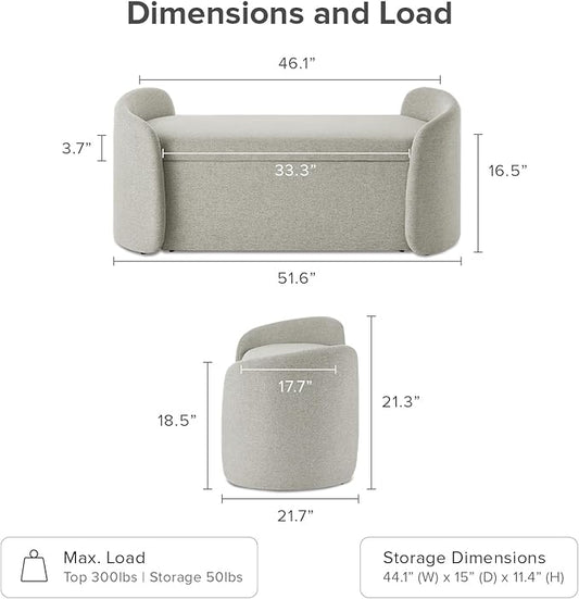 mopio Sophie 51" Ottoman Storage Bench, Entryway and Window Seating, End of Bed Curved Stool for King & Queen Bed, Storage Chest for Bedroom (Light Gray Fabric)