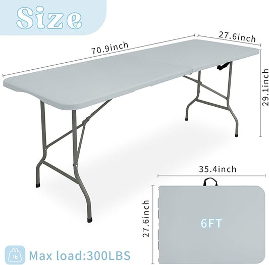 Folding Table 6 FT Camping Table Portable Plastic Rectangular Outdoor Dining Table Steel Legs Fold-in-Half with Carrying Handle for Indoor,Picnic,Party,Wedding,Events(Grey)